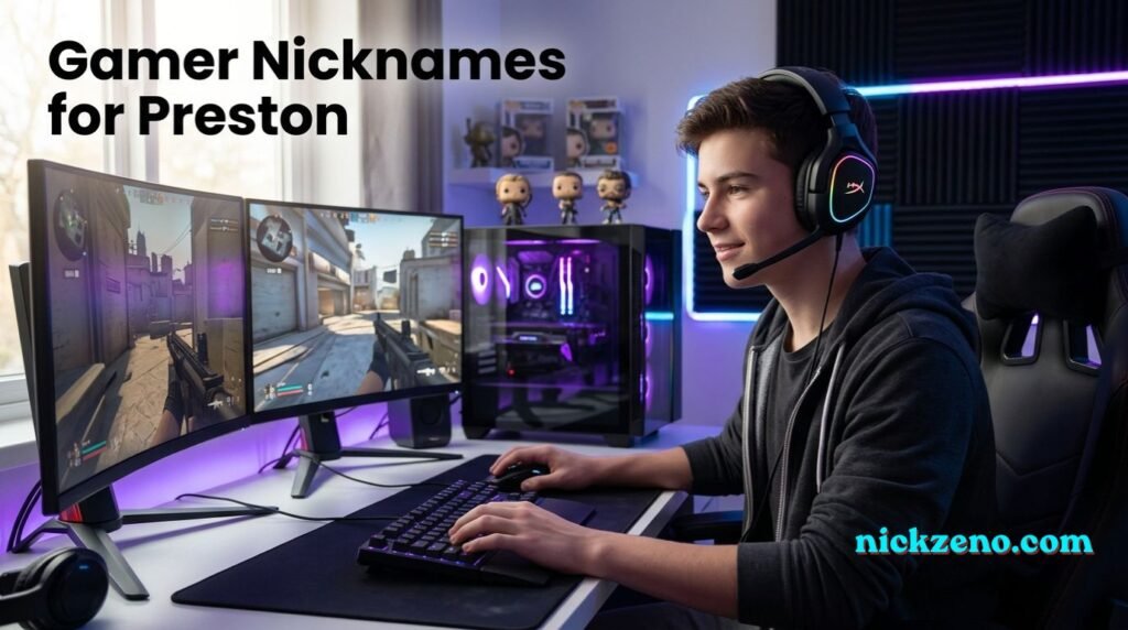 Gamer Nicknames for Preston: Young man playing video games at a gaming setup