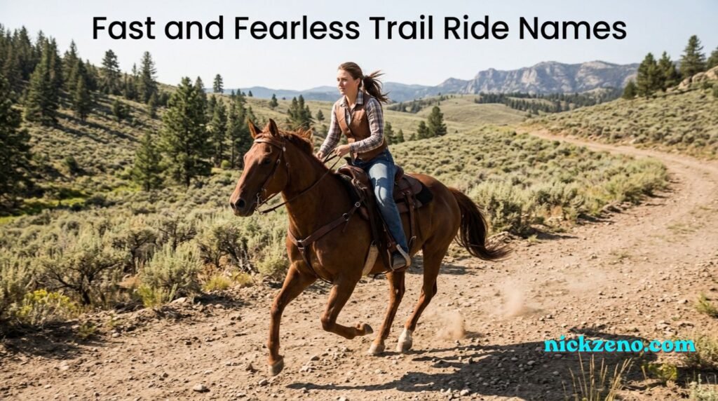 Confident young woman riding a horse along a dirt trail